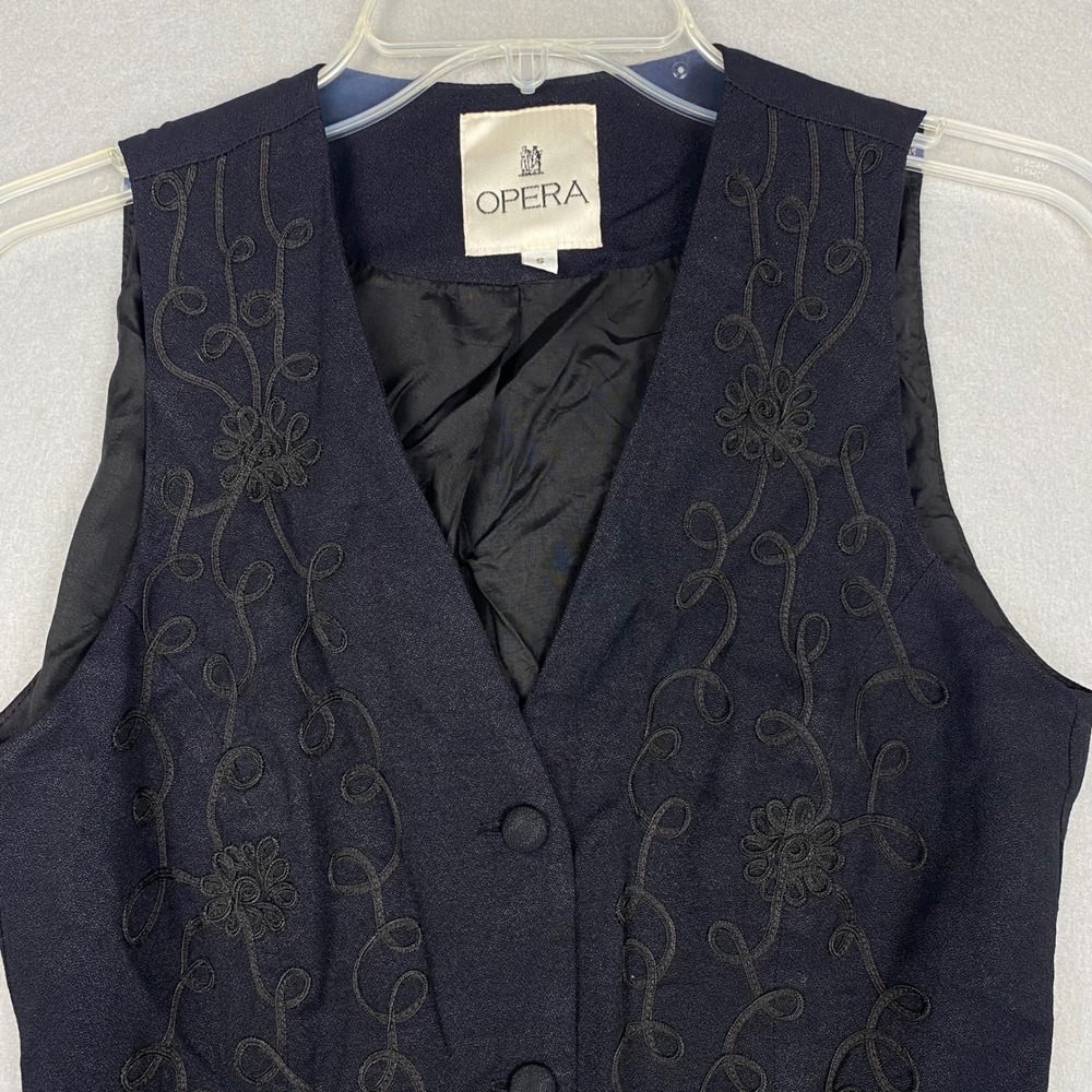 Opera Vintage Black Embroidered Floral Button Front Vest Made in USA Small